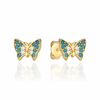 Kolczyki złote motylki z niebieskim kamieniem i białą cyrkonią (Gramatura: 1.23)