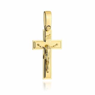 Krzyż złoty satynowy z Jezusem w błyszczącej oprawie
