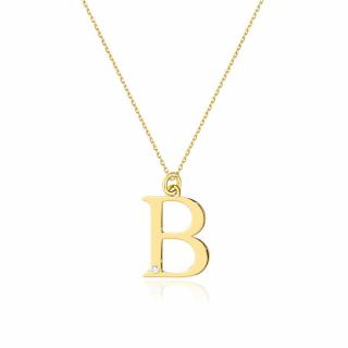 Złota zawieszka litera B z brylantem i łańcuszkiem