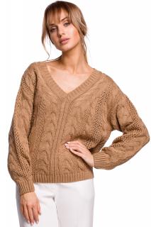 Ażurowy sweter damski z dekoltem w serek beżowy M510