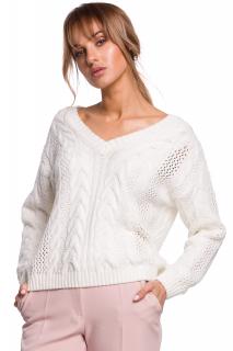 Ażurowy sweter damski z dekoltem w serek ecru M510