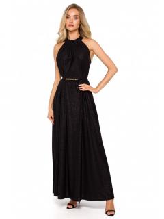 Błyszcząca długa suknia wieczorowa z dekoltem halter czarna M721