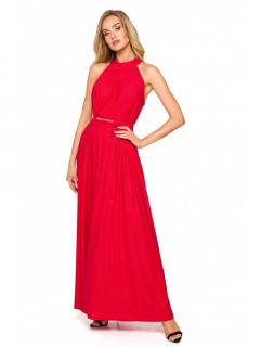 Błyszcząca długa suknia wieczorowa z dekoltem halter czerwona M721