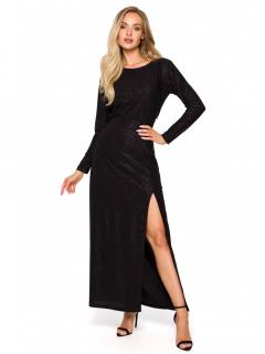 Brokatowa sukienka wieczorowa maxi długimi rękawami czarna M719