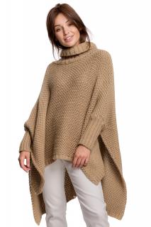 Damski sweter-ponczo z rękawami i golfem kamelowy BK049