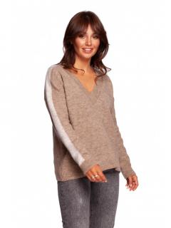 Damski sweter w serek z kontrastowymi lampasami jasnobrązowy BK093