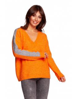 Damski sweter w serek z kontrastowymi lampasami jasnopomarańczowy BK093