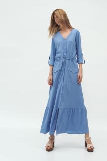 Długa niebieska sukienka z kieszeniami - niebieski
