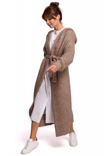 Długi damski sweter – płaszcz z kapturem i paskiem cappucino BK054