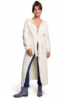 Długi damski sweter – płaszcz z kapturem i paskiem ecru BK054