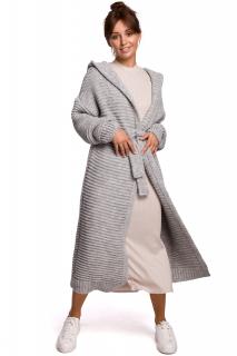 Długi damski sweter – płaszcz z kapturem i paskiem szary BK054