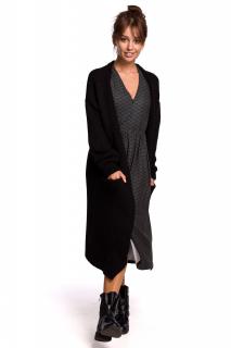 Długi damski sweter-płaszcz z kieszeniami czarny BK053