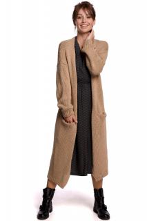 Długi damski sweter-płaszcz z kieszeniami kamelowy BK053