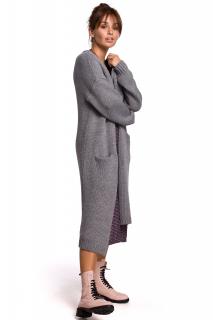Długi damski sweter-płaszcz z kieszeniami szary BK053