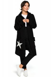 Długi kardigan – płaszcz z kapturem i motywem gwiazdy czarny BK013