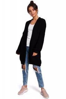 Długi sweter kardigan z luźnym splotem i szerokimi rękawami czarny BK037