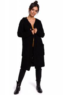Długi sweter – płaszcz z kapturem i splotem warkocz czarny BK033