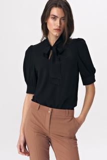 Elegancka czarna bluzka z wiązaniem na dekolcie - czarny
