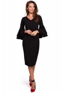 Elegancka sukienka midi z falbanami przy rękawach czarna K002