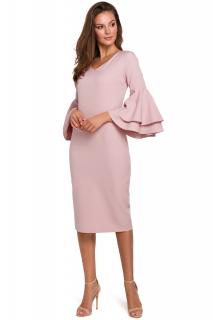 Elegancka sukienka midi z falbanami przy rękawach różowa K002