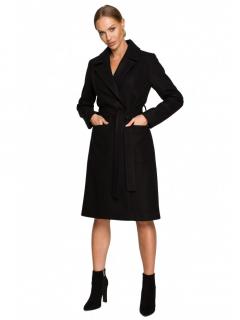 Flauszowy płaszcz damski o klasycznym kroju z paskiem czarny M708