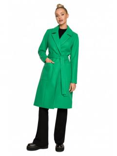 Flauszowy płaszcz damski o klasycznym kroju z paskiem soczysta zieleń M708