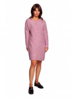 Luźny sweter sukienka z kapturem pudrowy BK089