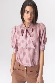 Różowa bluzka z wiązaniem na dekolcie w grochy - róż/kropki