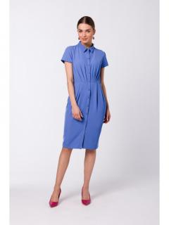 Sukienka koszulowa odcinana w pasie z zakładkami niebieska S335