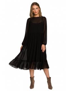 Sukienka szyfonowa z falbaną długości midi czarna S319