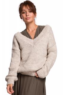 Sweter damski z szerokim z dekoltem V beżowy BK046