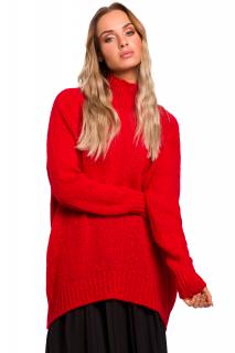 Sweter półgolf damski z asymetrycznym dołem czerwony M468