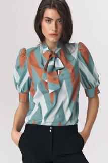 Turkusowa bluzka z wiązaniem na dekolcie w zygzak - wzór