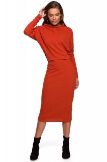 Wygodna bawełniana sukienka z drapowanym dekoltem ruda S245