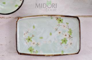 Prostokątny talerz w kwiaty wiśni, Green Cosmos Plate Tokyo Design - 18,5x12,5cm