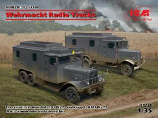 Plastikowe modele ciężarówek radiowych Wehrmachtu (Henschel 33D1 Kfz.72, Krupp L3H163 Kfz.72) do sklejania w skali 1:35 z firmy ICM nr DS3509