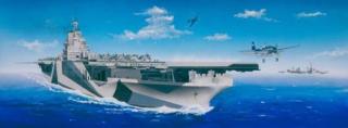 Plastikowy model amerykańskiego lotniskowca USS Ticonderoga CV-14 do sklejania w skali 1:350 z firmy Trumpeter nr 05609