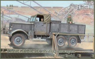 Plastikowy model ciężarówki wojskowej Einheitsdiesel z metalową skrzynią ładunkową do sklejania w skali 1:35 z firmy IBG Models nr 35003