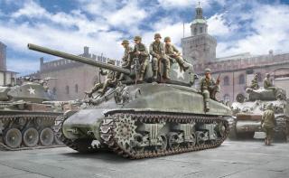 Plastikowy model czołgu M4A1 Sherman wraz z 10 figurkami amerykańskich żołnierzy do sklejania w skali 1:35 z firmy Italeri 6568