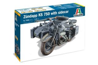 Plastikowy model niemieckiego wojskowego motocykla Zundapp KS 750 z wózkiem bocznym do sklejania w skali 1:9 z firmy Italeri nr 7406