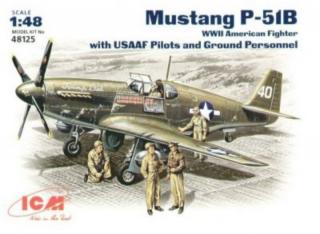 Plastikowy model samolotu myśliwskiego Mustang P-51B z figurkami amerykańskich pilotów oraz obsługi naziemnej do sklejania w skali 1:48 z firmy ICM nr 48125