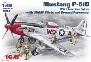 Plastikowy model samolotu myśliwskiego Mustang P-51D z figurkami amerykańskich pilotów oraz obsługi naziemnej do sklejania w skali 1:48 z firmy ICM nr 48153