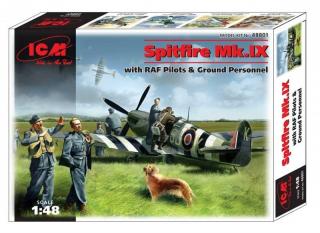 Plastikowy model samolotu myśliwskiego Spitfire Mk.IX i figurki pilotów oraz obsługi naziemnej do sklejania w skali 1:48 z firmy ICM nr 48801
