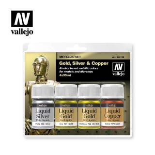 Zestaw 4 modelarskich farb metalicznych z serii Liquid Vallejo 70199 - Gold, Silver  Copper - 4x35ml