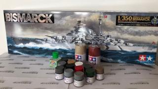 Zestaw modelarski z farbami i klejem - model pancernika Bismarck (Tamiya 78013) skala 1:350