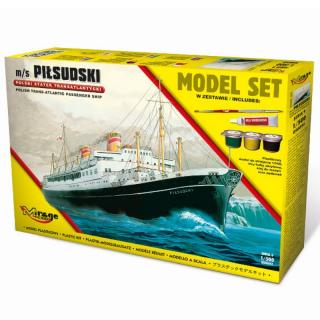 Zestaw modelarski z farbami, klejem i pędzelkiem - plastikowy model polskiego statku transatlantyckiego m/s Piłsudski do sklejania w skali 1:500, nr katalogowy 850092