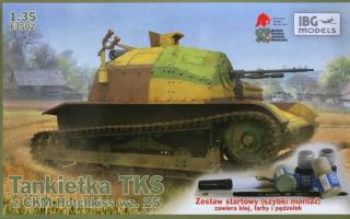 Zestaw modelarski z farbami, klejem i pędzelkiem: plastikowy model Tankietki TKS z CKM Hotchkiss wz. 25 do sklejania, zestaw z firmy IBG Models w skali 1:35 nr katalogowy E3502