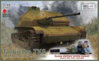 Zestaw modelarski z farbami, klejem i pędzelkiem: plastikowy model Tankietki TKS z NKM wz. 38 FK-A 20 mm do sklejania, zestaw z firmy IBG Models w skali 1:35 nr katalogowy E3501