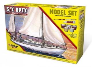 Zestaw modelarski z farbamii, klejem i pędzelkiem - plastikowy model polskiego pełnomorskiego jachtu kilowego S/Y Opty do sklejania w skali 1:50, nr katalogowy 850093