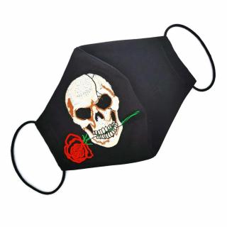 Maska Ochronna Bawełniana Czarna Z Białą Czaszką Z Czerwoną Różą W Zębach